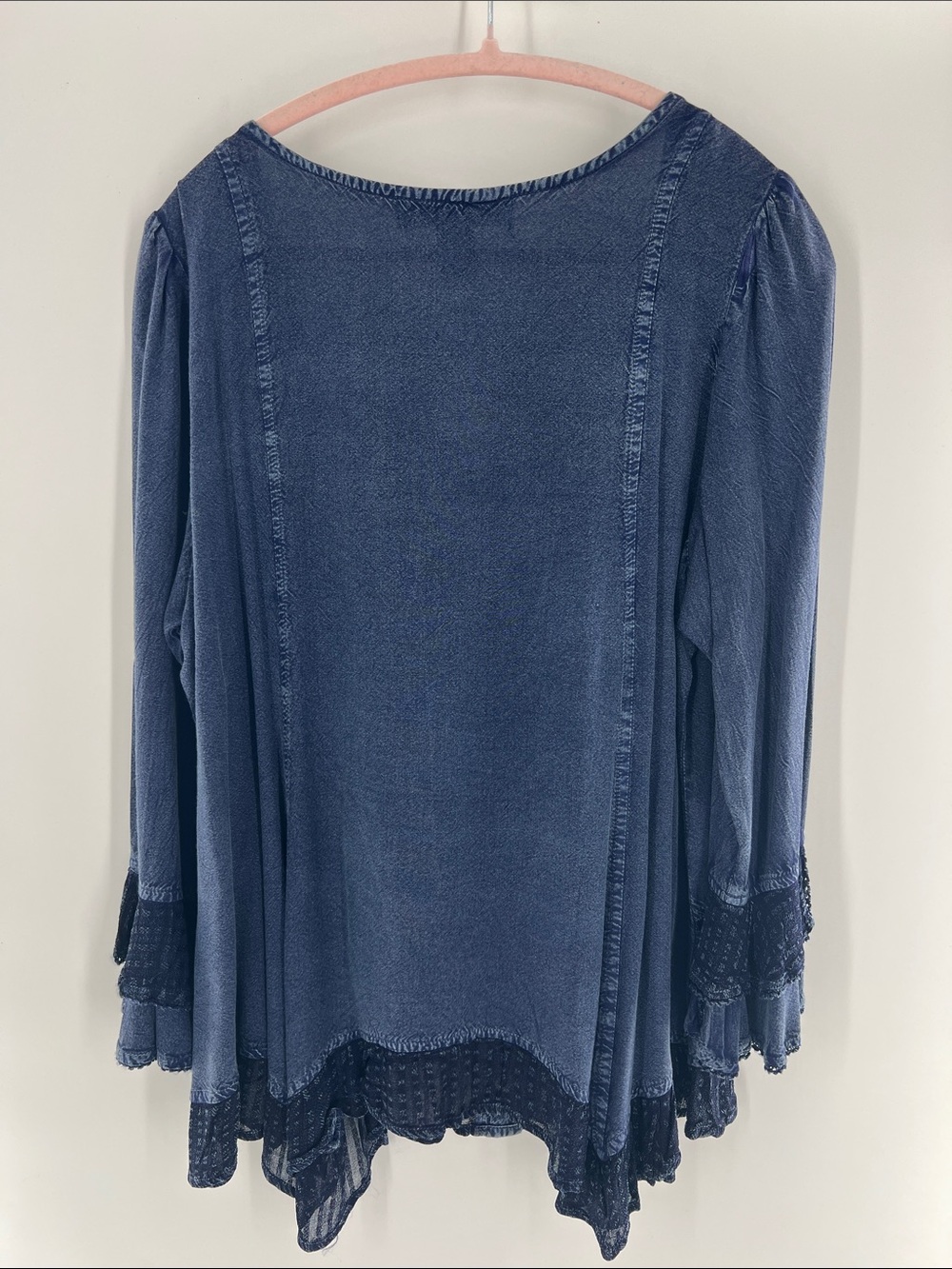 Denim 24/7 Indigo Blue Button-Front Lace-Trim Peasant Blouse boho - Picture 3 of 7